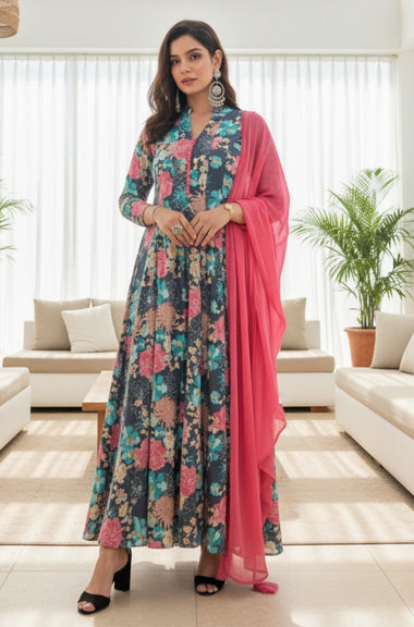 Blue Floral Printed Kali Gown With Stole