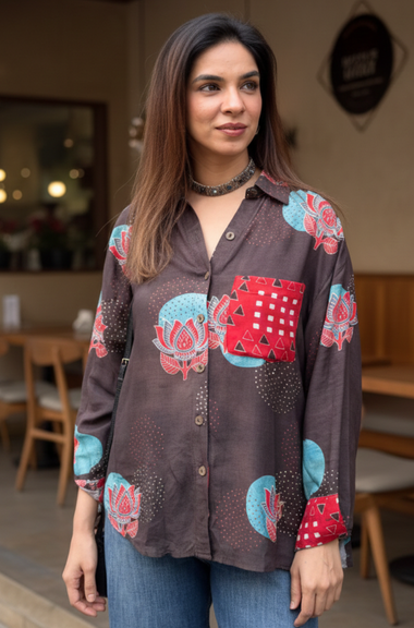 AURA-Brown Pocket Printed Oversized Shirt