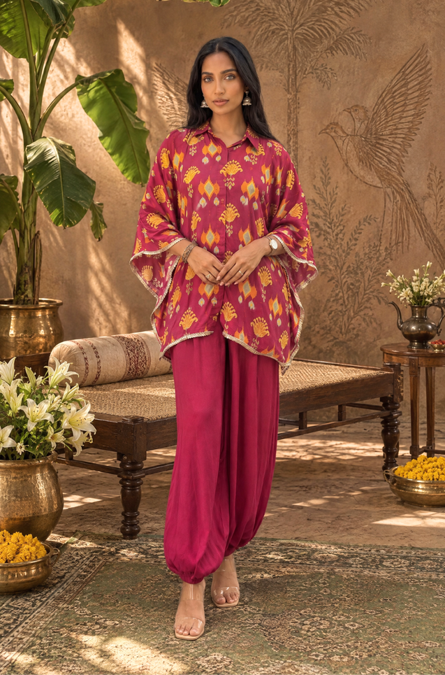 Mizaaj  -Magenta Ikat Printed Shirt Kaftan  With  Balloon Pant( Pre-Order)