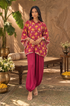 Mizaaj  -Magenta Ikat Printed Shirt Kaftan  With  Balloon Pant( Pre-Order)