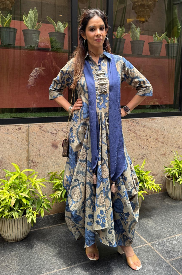 Rozana-Blue Cotton Elegant Fusion Drape Dress