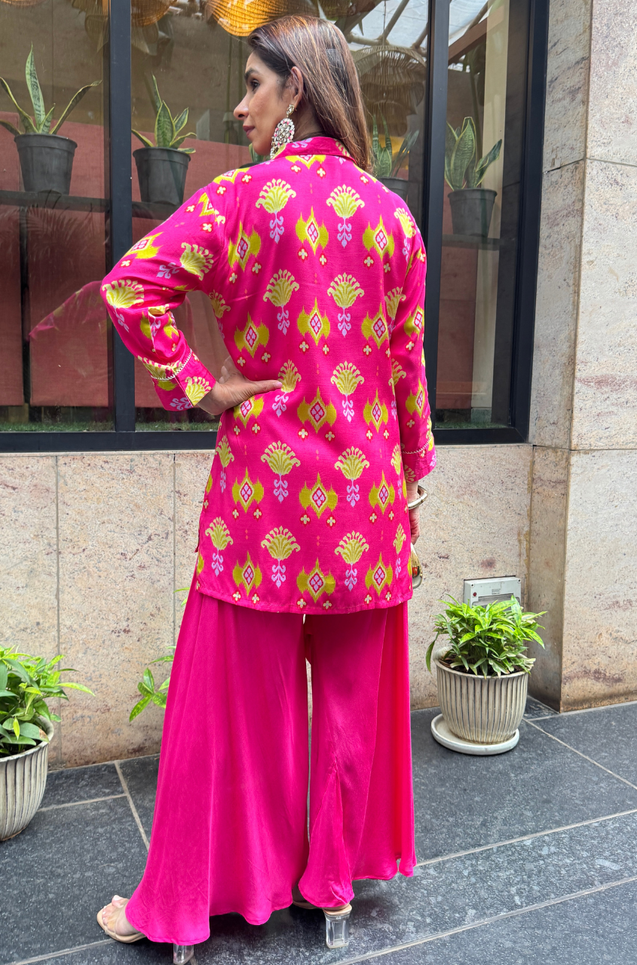 Festive Fuchsia  Pink Ikat Printed Short Kurta With Cowl Pant