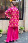 Festive Fuchsia  Pink Ikat Printed Short Kurta With Cowl Pant