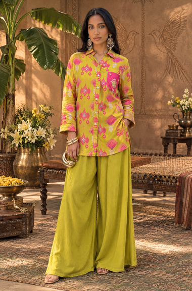 Festive  Lime Green Ikat Printed Short Kurta With Cowl Pant(Pre-order)