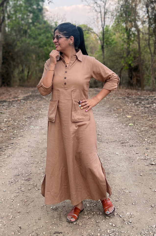 Beige Button Detail Shirt  Dress