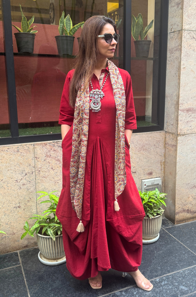 Rozana-Red Cotton Slub Elegant Fusion Drape  Dress