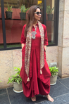 Rozana-Red Cotton Slub Elegant Fusion Drape  Dress