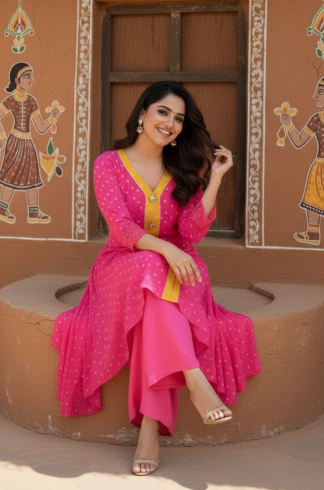 Radiant Pink  Bandhani  High-Low Kurta With  Flared Pant