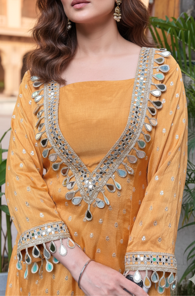 AFSUN -Mirror Embellished Mustard Ethnic Kurta set