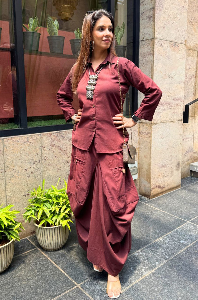 REZAAR-Brown Drape Skirt Co-Ord Set with Shirt Top