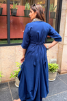 Rozana-Dark Blue Cotton Slub Elegant Fusion Drape  Dress