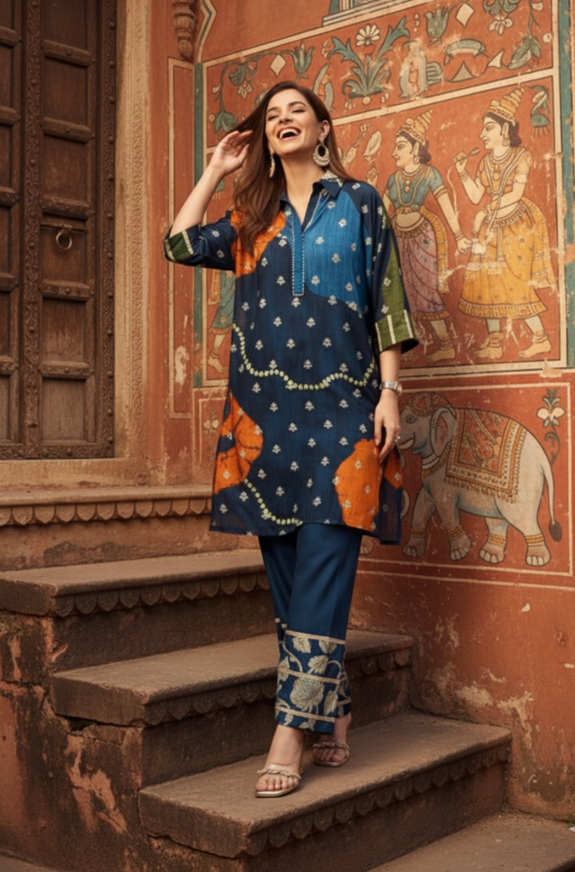 MEHER-Navy Blue Bandhani Ethnic  Kurta set