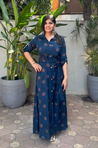 Navy Blue Printed Button Down Shirt  Gown With Belt
