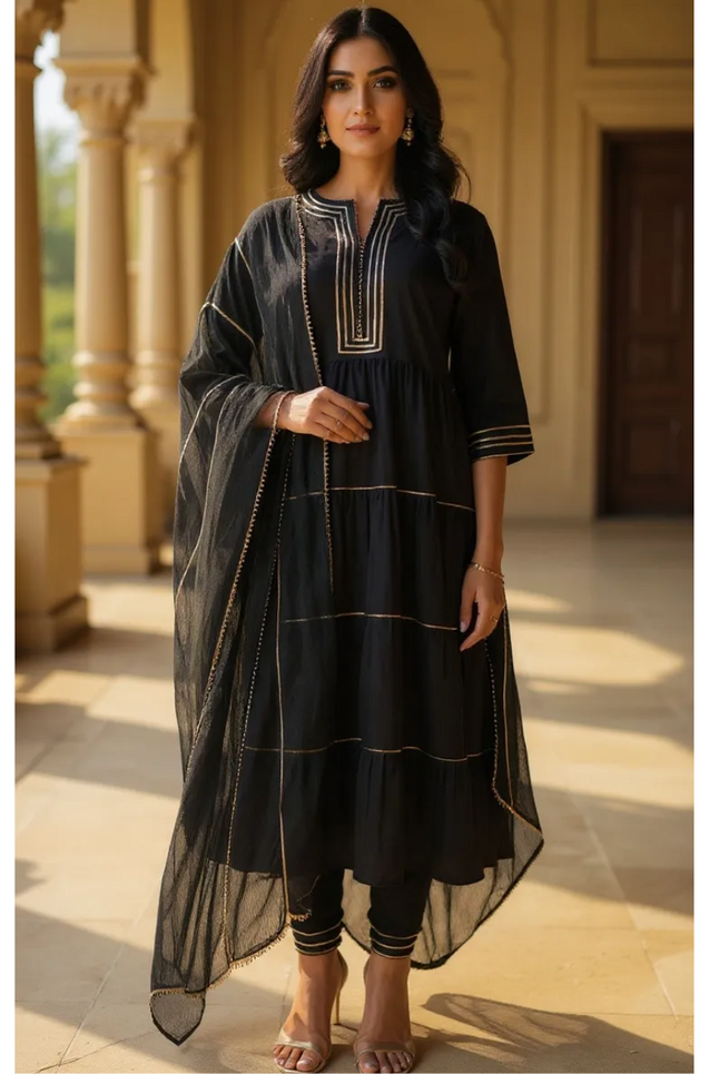 Black Anarkali  Three piece set with Dupatta