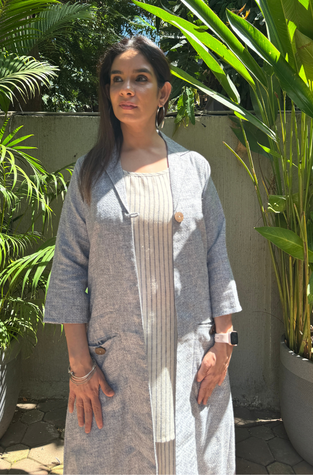 REZAAR- Greyish -Blue  Three  Piece Cotton Blazer Jacket Set