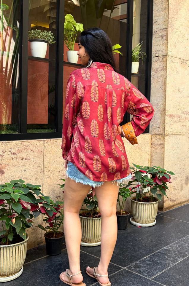 Jazba- Coral Red Leaf Pocket Printed  shirt