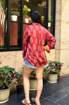 Jazba- Coral Red Leaf Pocket Printed  shirt