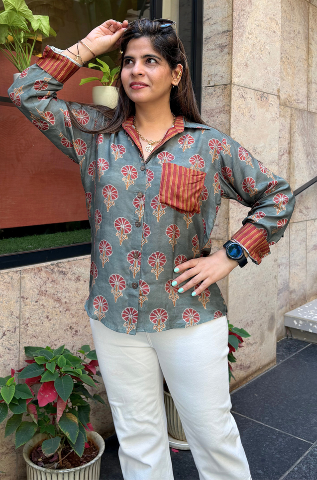 Jazba- Sage Olive Pocket  Printed  Shirt