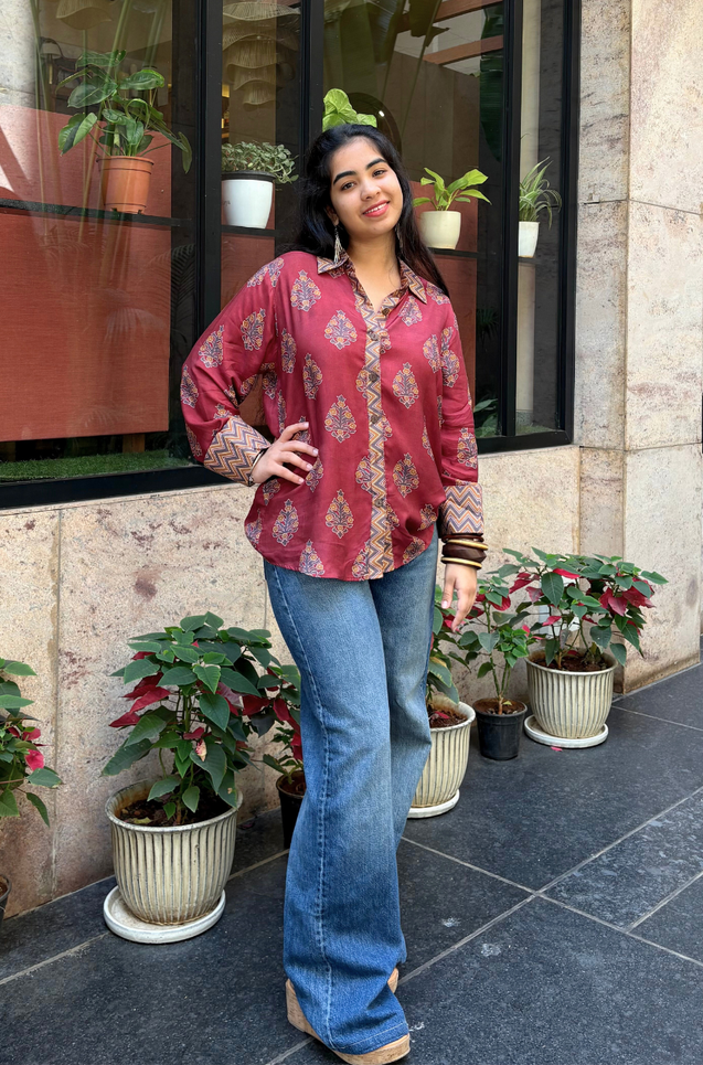 Jazba - Berry Red floral Motif  Shirt