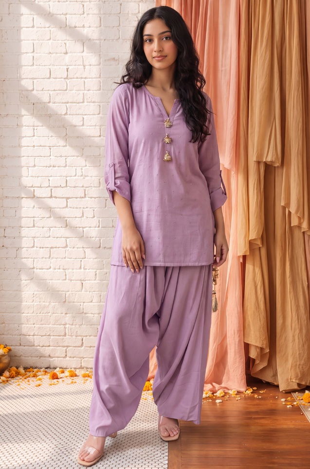 Festive Lavender Kurta with Cowl Pants Set