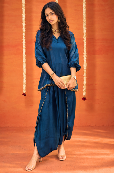 Mizaaj-Dark Blue Tunic style Top  with Dhoti Skirt Set(PRE-0RDER)