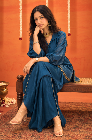 Mizaaj-Dark Blue Tunic style Top  with Dhoti Skirt Set(PRE-0RDER)