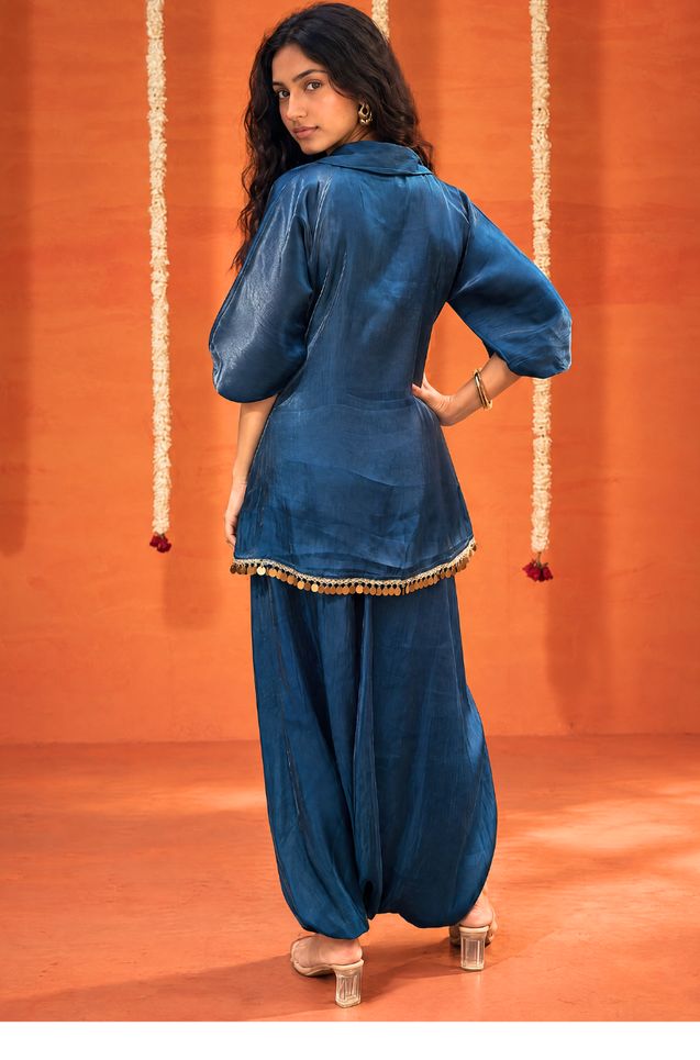 Mizaaj-Dark Blue Tunic style Top  with Dhoti Skirt Set(PRE-0RDER)