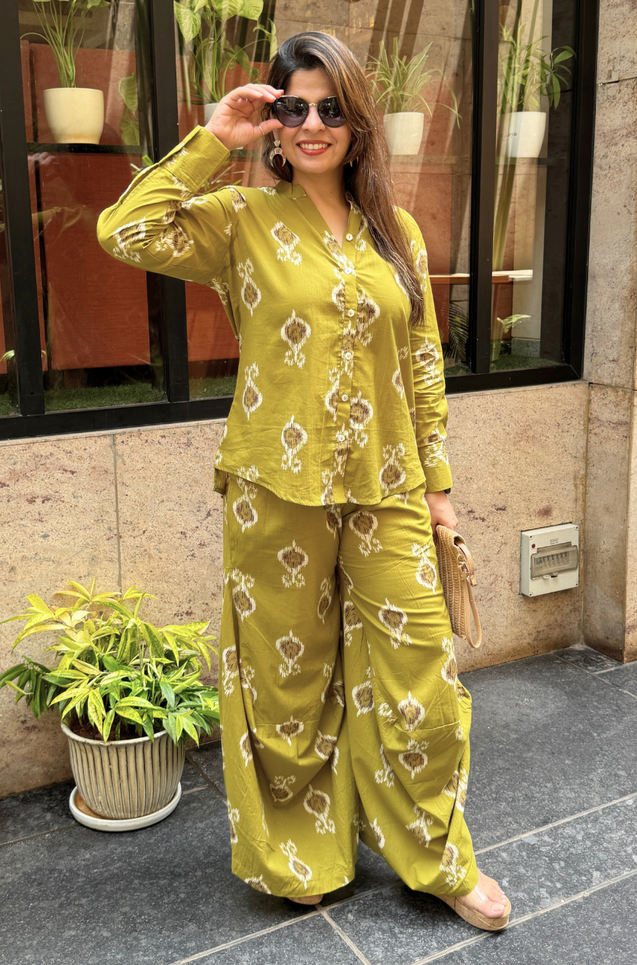 Rozana- Lime Green Printed Drape Pants Co-ord Set (PRE-ORDER)