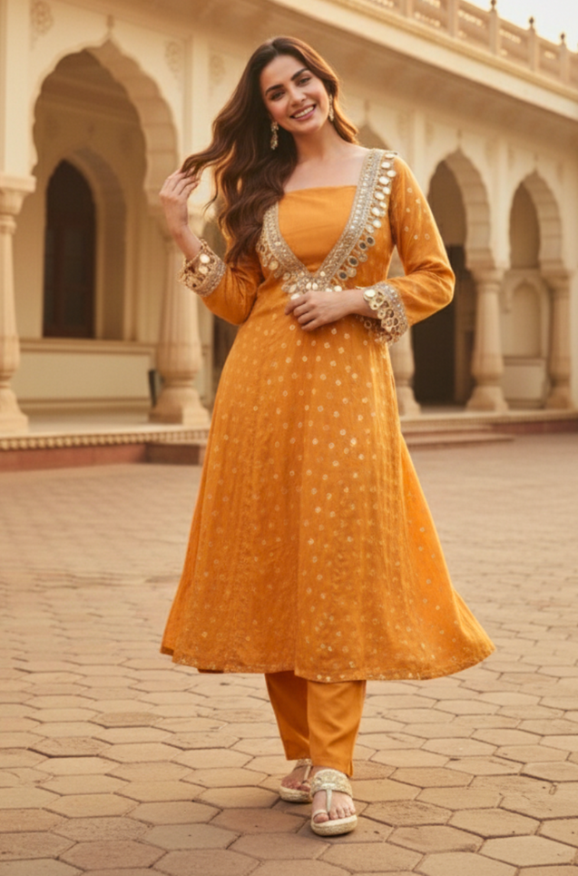 AFSUN -Mirror Embellished Mustard Ethnic Kurta set