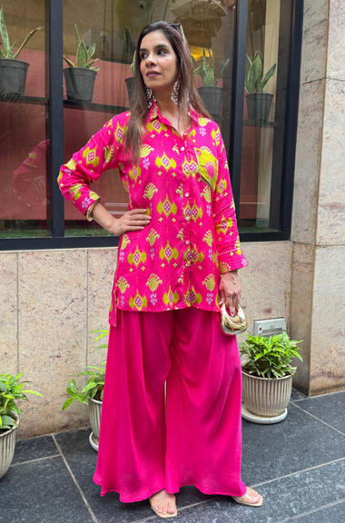 Festive Fuchsia  Pink Ikat Printed Short Kurta With Cowl Pant