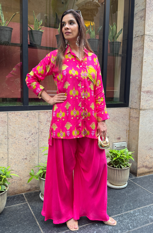 Festive Fuchsia  Pink Ikat Printed Short Kurta With Cowl Pant