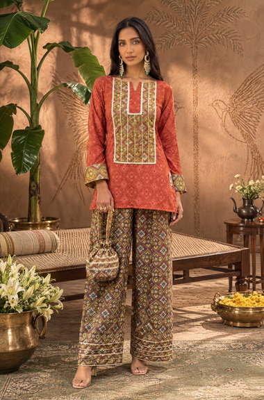 Festive Orange Patola  Printed Farshi Salwar Set with Potli Bag(pre-order)