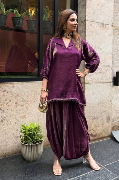Mizaaj-Wine Tunic style Top  with Dhoti Skirt Set(PRE-0RDER)