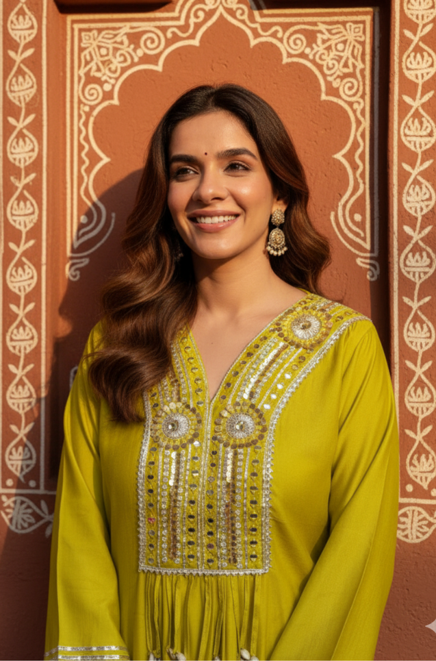 FITOOR-Lime Green Embroidered Kurta Set