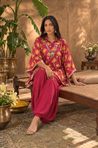 Mizaaj  -Magenta Ikat Printed Shirt Kaftan  With  Balloon Pant( Pre-Order)