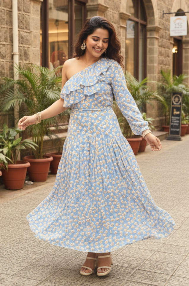 One shoulder Floral  Dress  With Ruffle layering