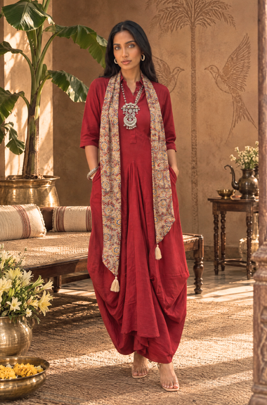 Rozana-Red Cotton Slub Elegant Fusion Drape  Dress