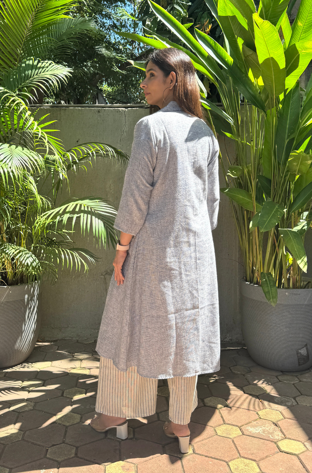 REZAAR- Greyish -Blue  Three  Piece Cotton Blazer Jacket Set