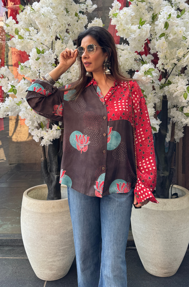 AURA-Brown and Red Lotus Printed Oversized Shirt