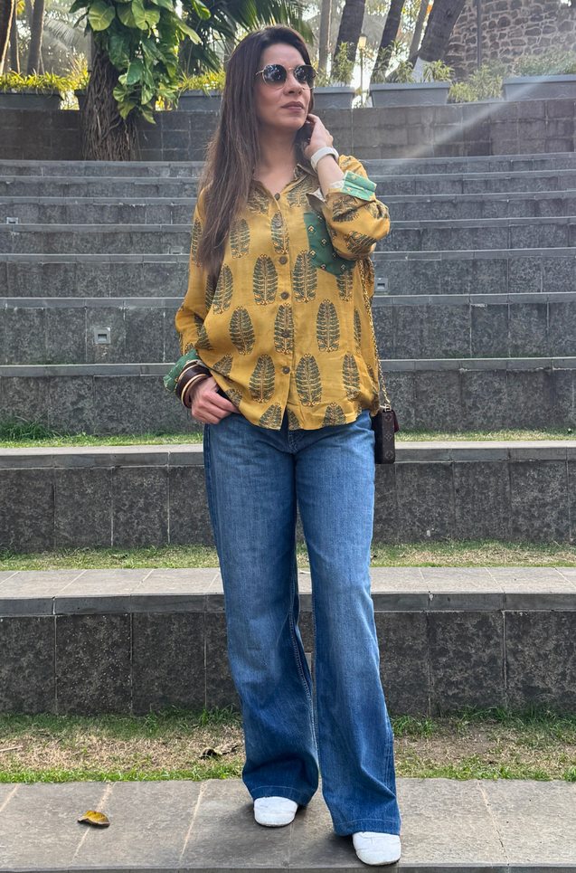 Jazba-  Ochre Yellow Leaf Pocket Printed  shirt