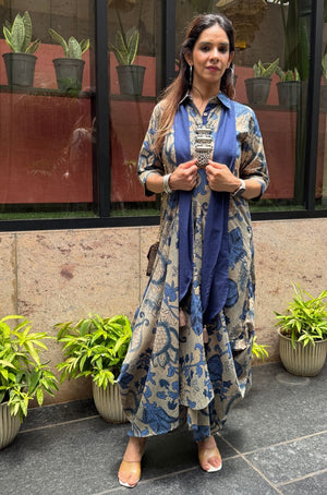 Rozana-Blue Cotton Elegant Fusion Drape Dress