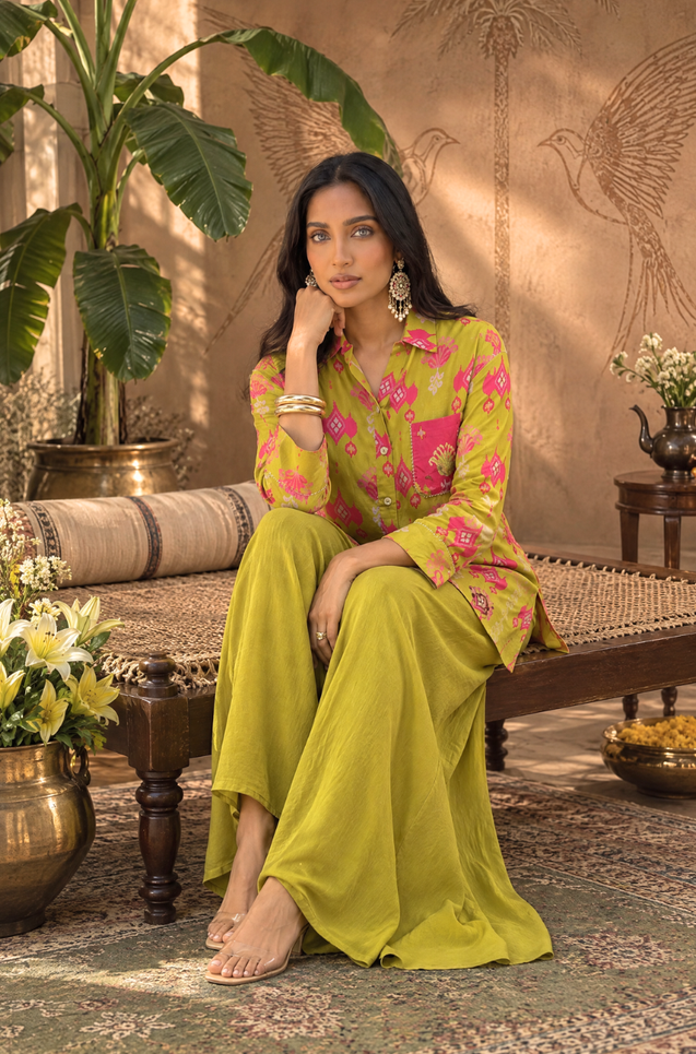Festive  Lime Green Ikat Printed Short Kurta With Cowl Pant(Pre-order)
