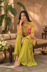 Festive  Lime Green Ikat Printed Short Kurta With Cowl Pant(Pre-order)