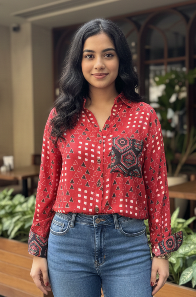 AURA-Red Pocket Printed Oversized Shirt