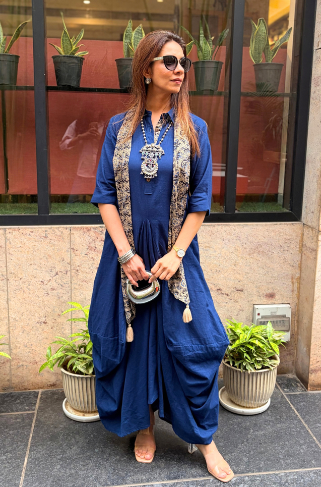 Rozana-Dark Blue Cotton Slub Elegant Fusion Drape  Dress