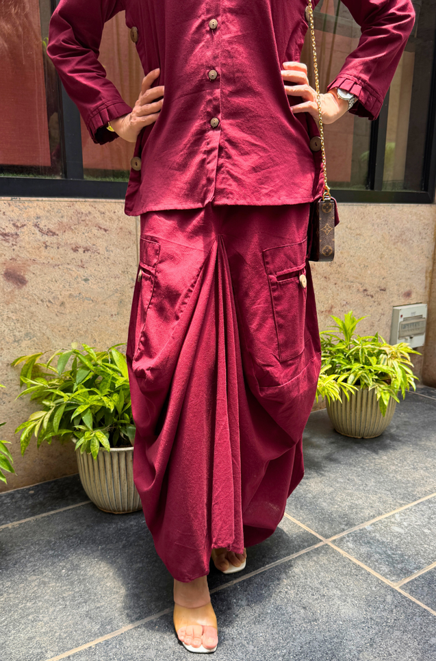 REZAAR- Maroon Drape Skirt Co-Ord Set with Shirt Top