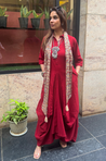 Rozana-Red Cotton Slub Elegant Fusion Drape  Dress