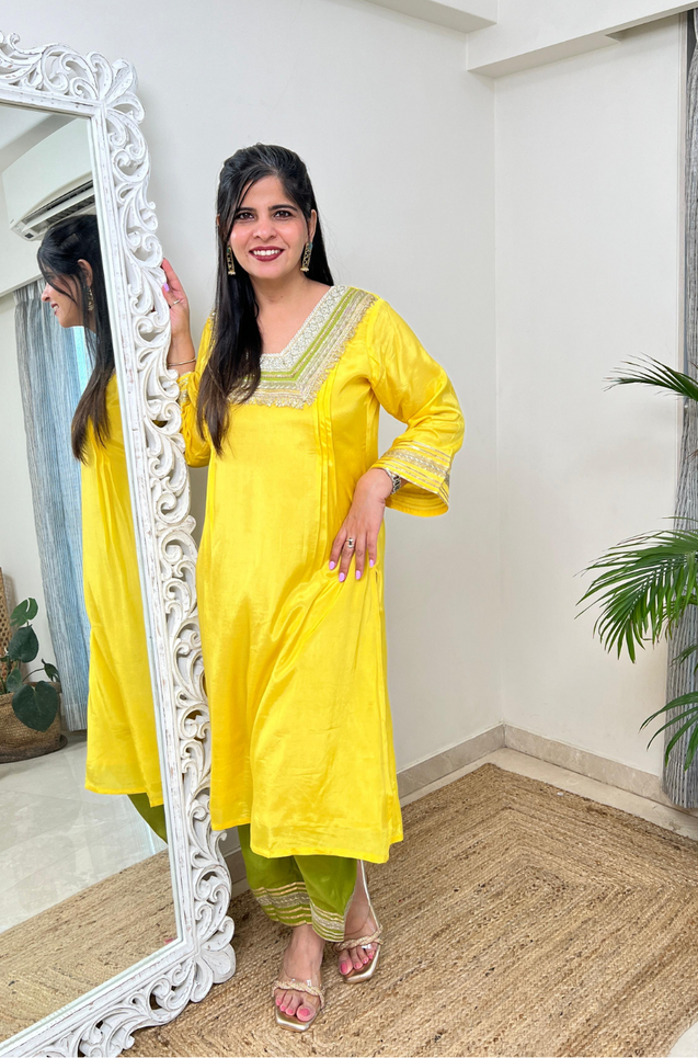 RAAS-Yellow & Green  Glass Neckline Two Piece Set