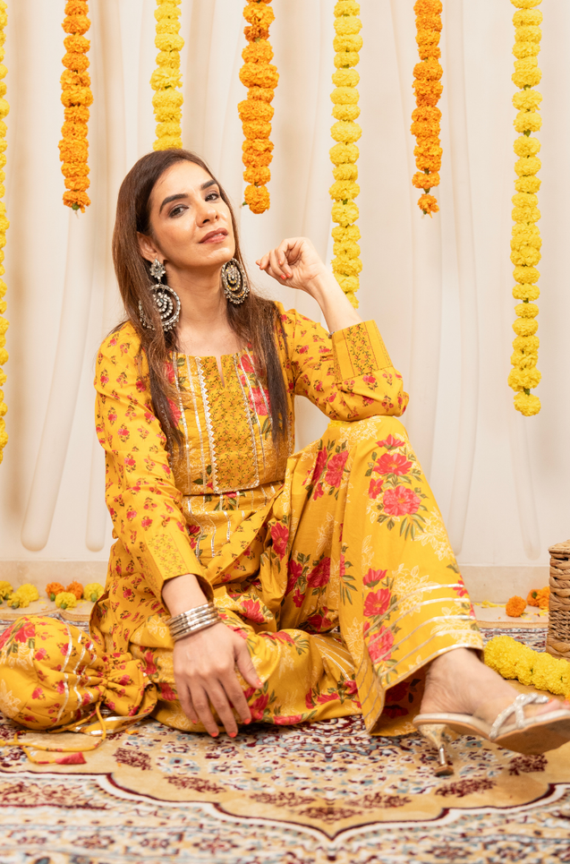 AAFREEN-  Yellow Floral  Printed Farshi Salwar set with Potli Bag