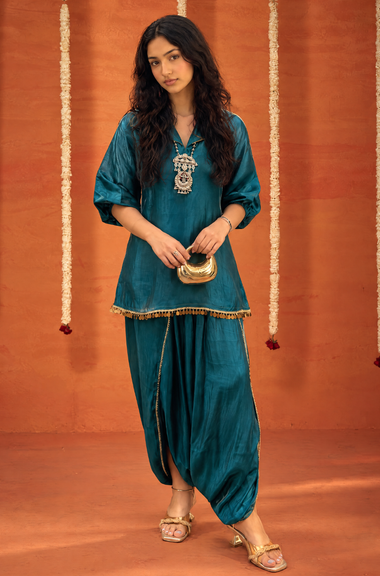 Mizaaj-  Teal  Green Tunic style Top  with Dhoti Skirt Set(PRE-0RDER)